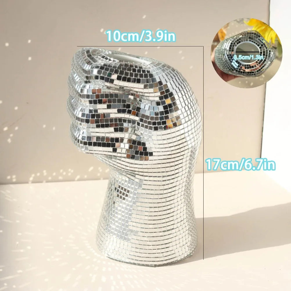 Silver Glass Vase Disco Mirror Vases Creative Fist Vase Room Decoration Living Room Desktop Decoration Home Decoration