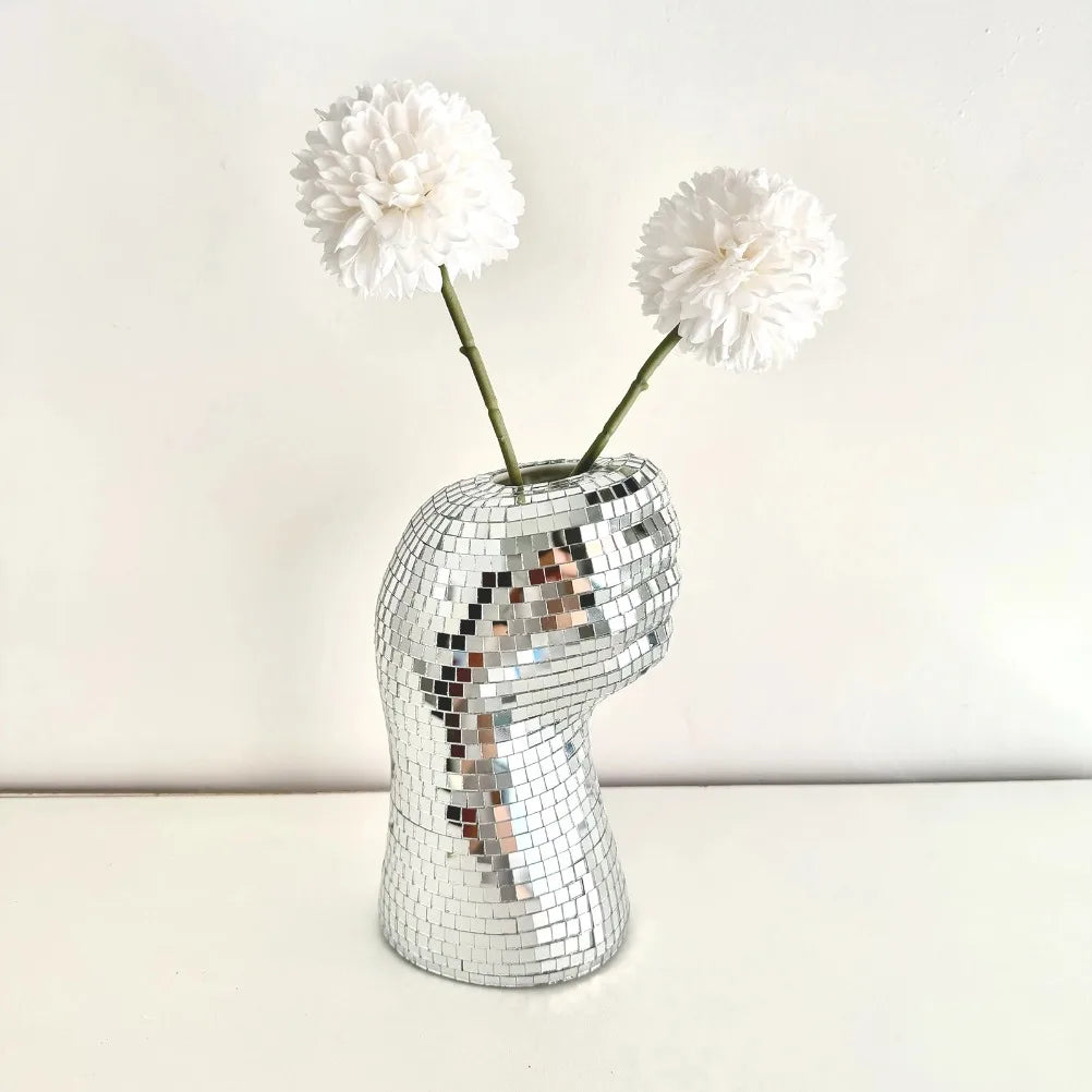 Silver Glass Vase Disco Mirror Vases Creative Fist Vase Room Decoration Living Room Desktop Decoration Home Decoration