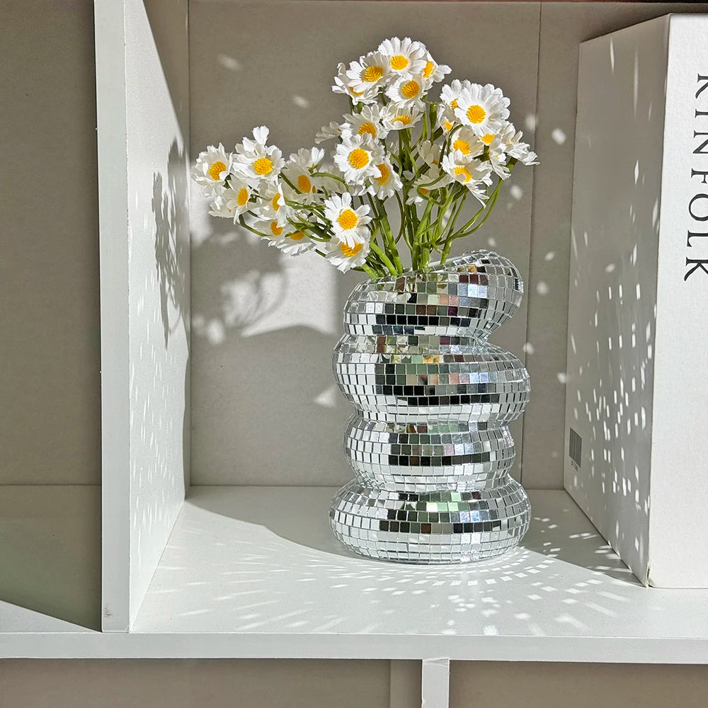 Disco Ball Spiral Vase Unique Glass Tiles Flower Bottle Disco Ball Planter Silver Mirror Vase Home Living Room Office Decor