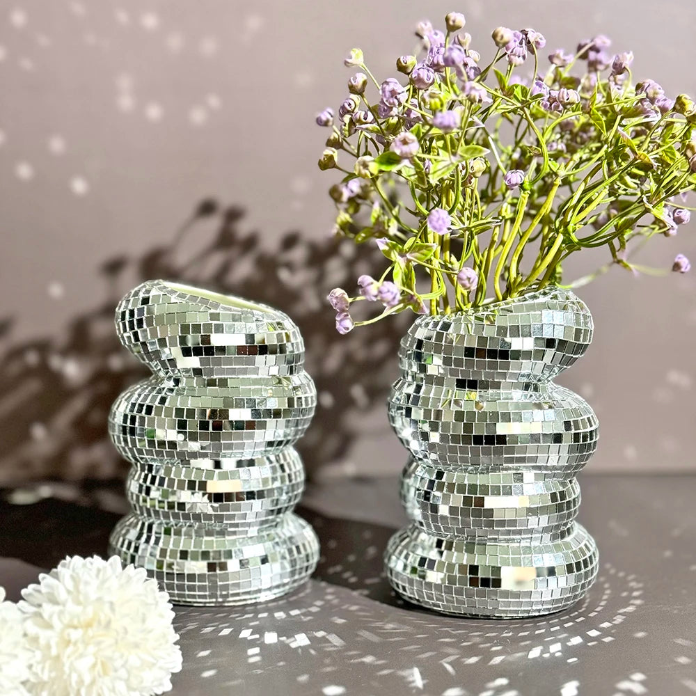 Disco Ball Spiral Vase Unique Glass Tiles Flower Bottle Disco Ball Planter Silver Mirror Vase Home Living Room Office Decor