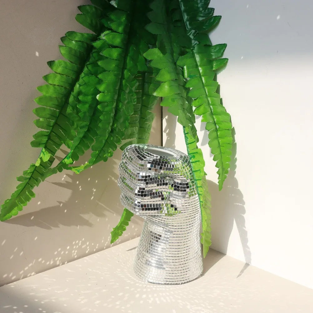 Silver Glass Vase Disco Mirror Vases Creative Fist Vase Room Decoration Living Room Desktop Decoration Home Decoration