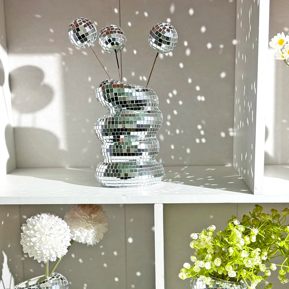 Disco Ball Spiral Vase Unique Glass Tiles Flower Bottle Disco Ball Planter Silver Mirror Vase Home Living Room Office Decor
