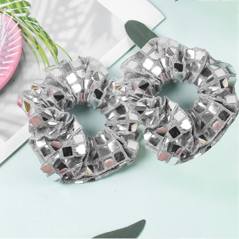 2pcs Silvery Square Sequins Hair Ties Scrunchies Ponytail Holders Hair Accessories Disco Dance Party Bachelorette party decor